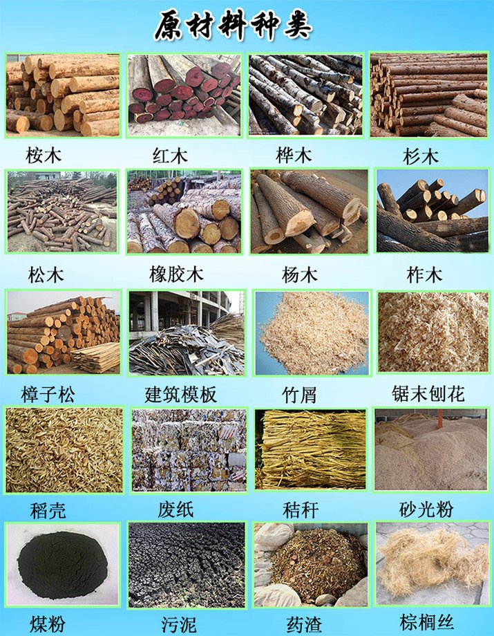 生物質(zhì)顆粒機利用農(nóng)作物秸稈，家具廠下腳料、鋸末、木糠、木粉、木屑、樹皮、砂光粉、糠醛渣、托盤、包裝箱等等廢料，壓制成生物質(zhì)顆粒